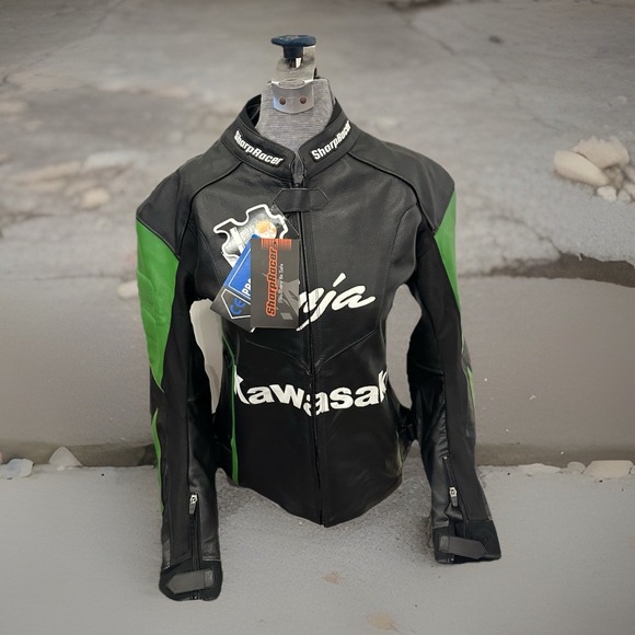 Kawasaki Ninja Leather Racing Jacket M Black/green/white CE Armor SharpRacer NWT - Picture 1 of 11
